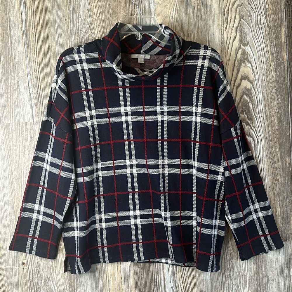 Pure Collection navy plaid top with high neck, 12
